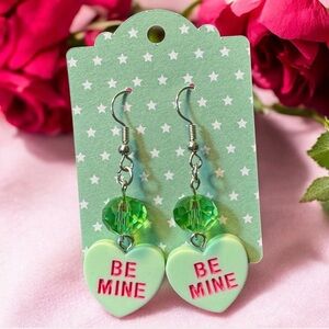 Be Mine Mint Green Conversation Candy Heart Beaded Dangle Pierced Earrings New